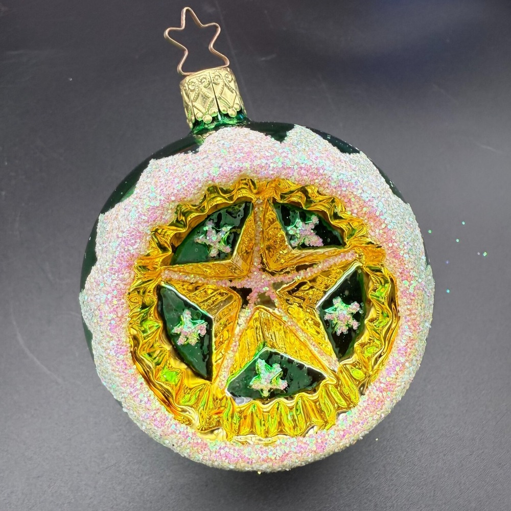 Old World Christmas 3"‎ Reflector Ornament Green Gold Glitter Vintage Star